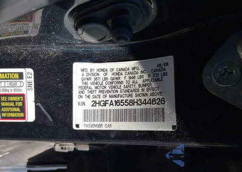 2008 Honda Civic Lx from USA, damaged, VIN 2HGFA16558H344626